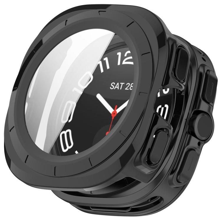 Black protective watch case with integrated screen protector and covered side buttons