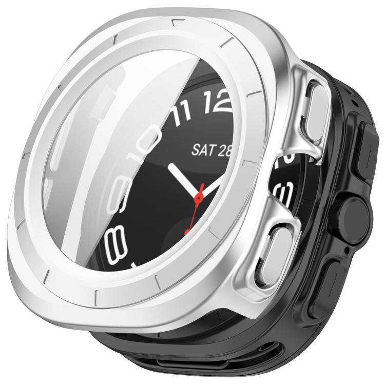 Silver protective watch case with integrated screen protector and covered side buttons