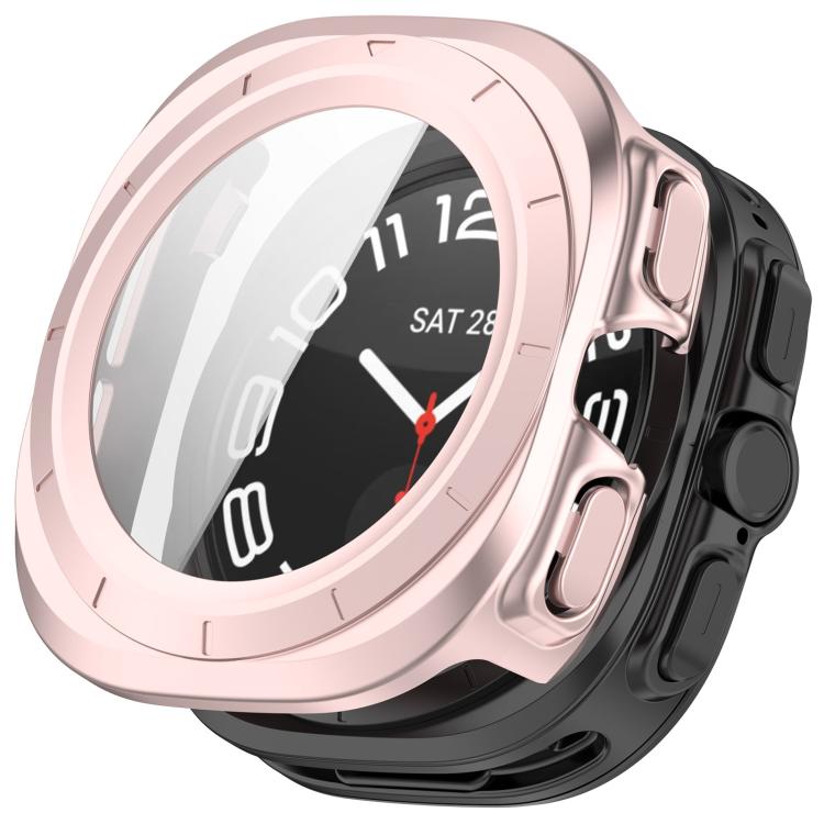 Pink protective watch case with integrated screen protector and covered side buttons