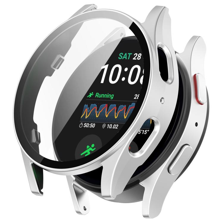 Galaxy Watch protective case in silver with integrated screen protector and open button cutouts