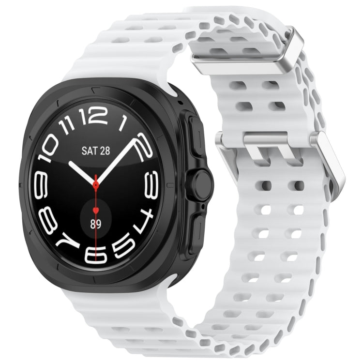 White perforated silicone watch band with dual buckle on a black smartwatch