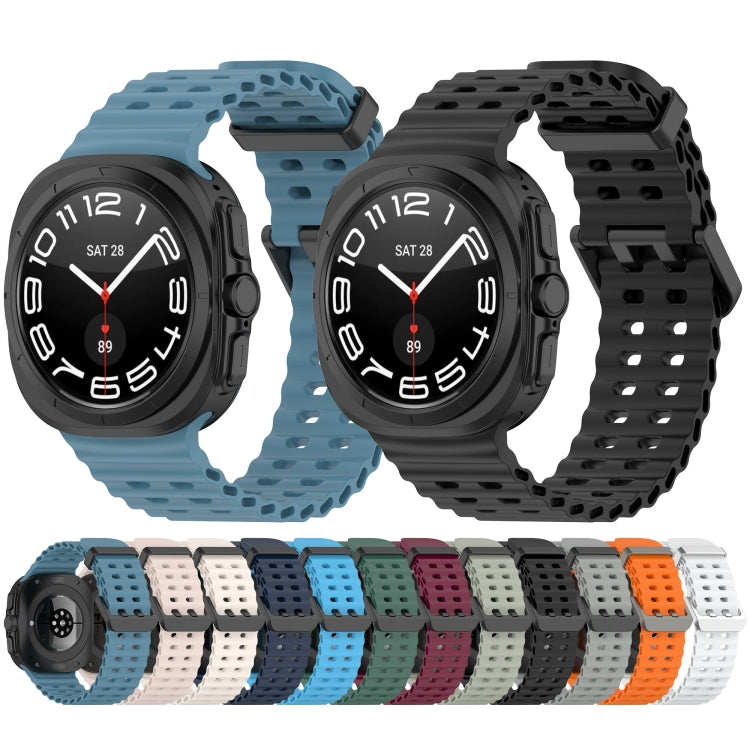 Perforated silicone watch bands in blue and black, with a row of color options