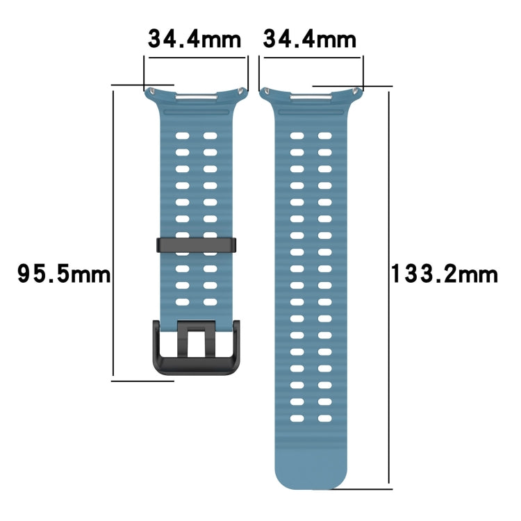 Blue perforated silicone watch band shown in two parts with length measurements