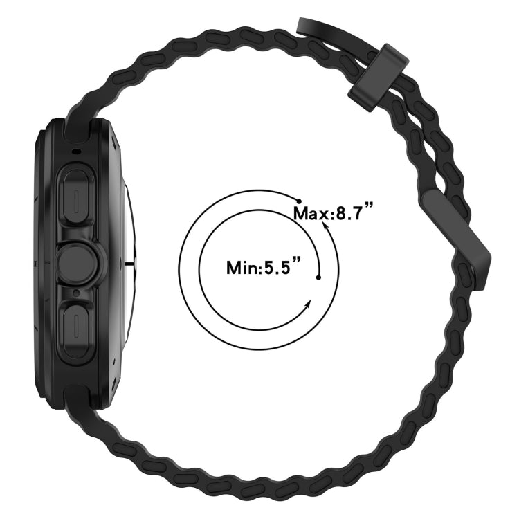 Black perforated silicone watch band shown with wrist size range