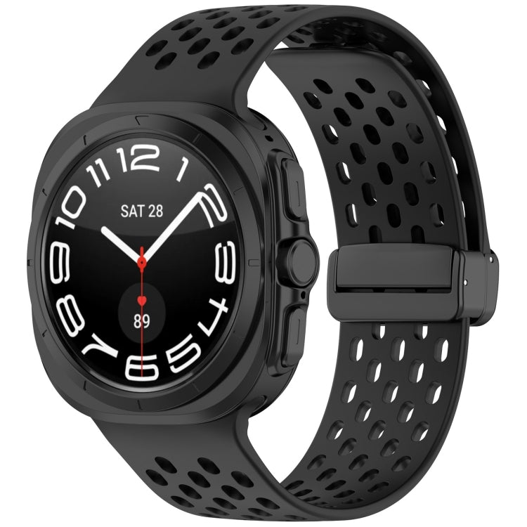 Black perforated silicone watch band with magnetic folding buckle, shown on a smartwatch