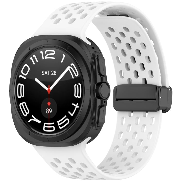 White perforated silicone watch band with black folding magnetic buckle on a smartwatch