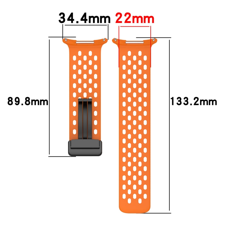 Orange perforated silicone watch band shown in two pieces with measurements