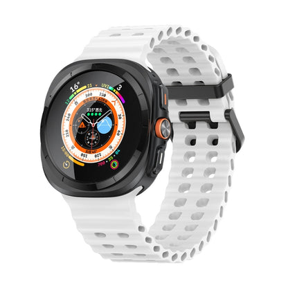 White silicone watch band with dual rows of holes, shown on a smartwatch