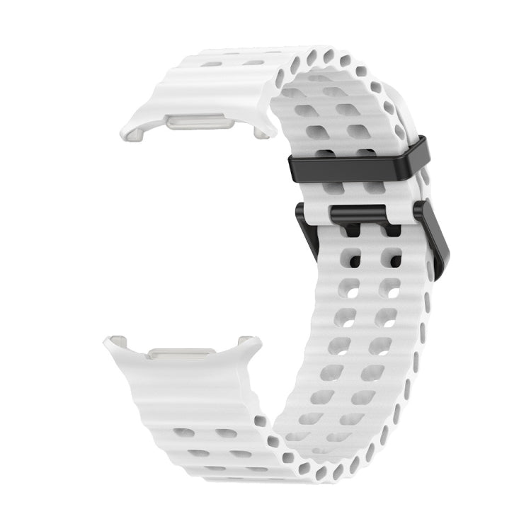 White silicone watch band with dual rows of holes and a black buckle