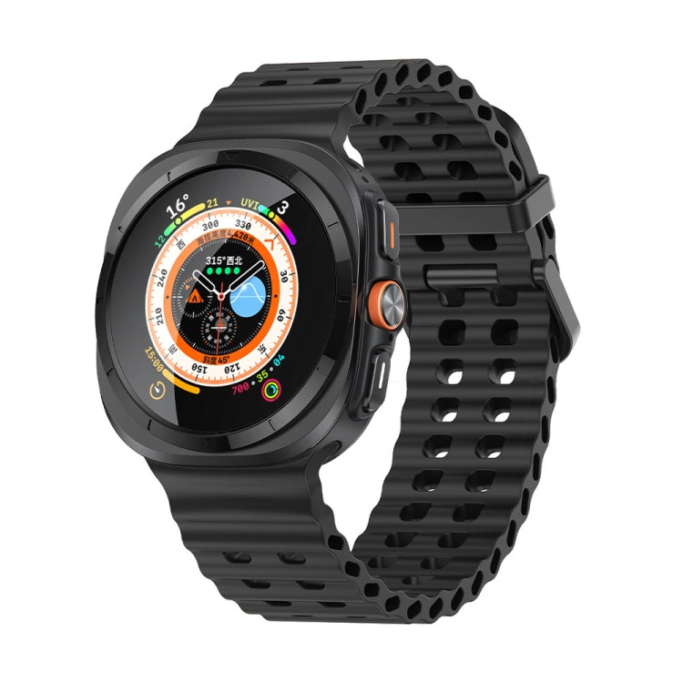 Black silicone watch band with dual rows of holes, shown on a smartwatch