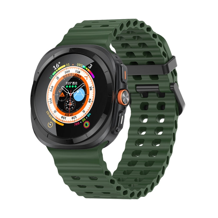 Green silicone watch band with two rows of adjustment holes, fitted to a smartwatch.