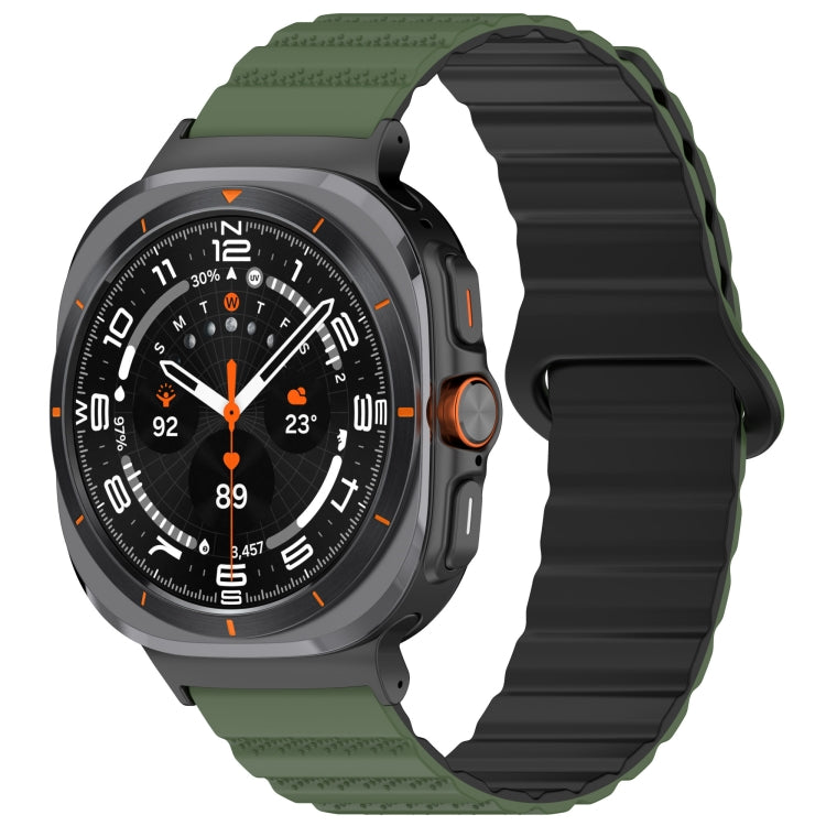 Galaxy Watch Ultra silicone band with a black ridged strap and olive green spotted ends