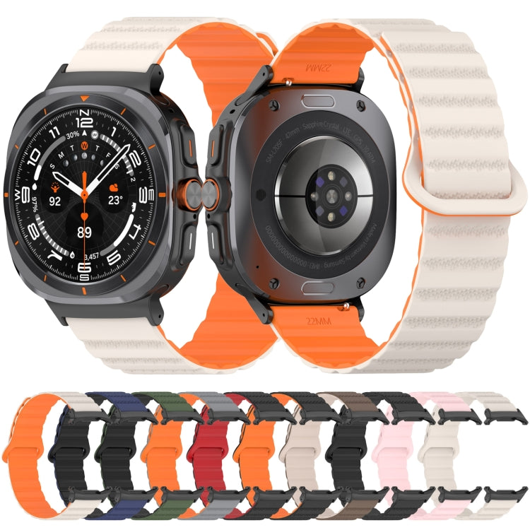 Galaxy Watch Ultra band shown front and back, with a cream strap and orange underside