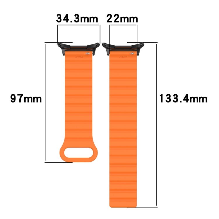 Orange silicone watch band shown in two lengths with width and length measurements