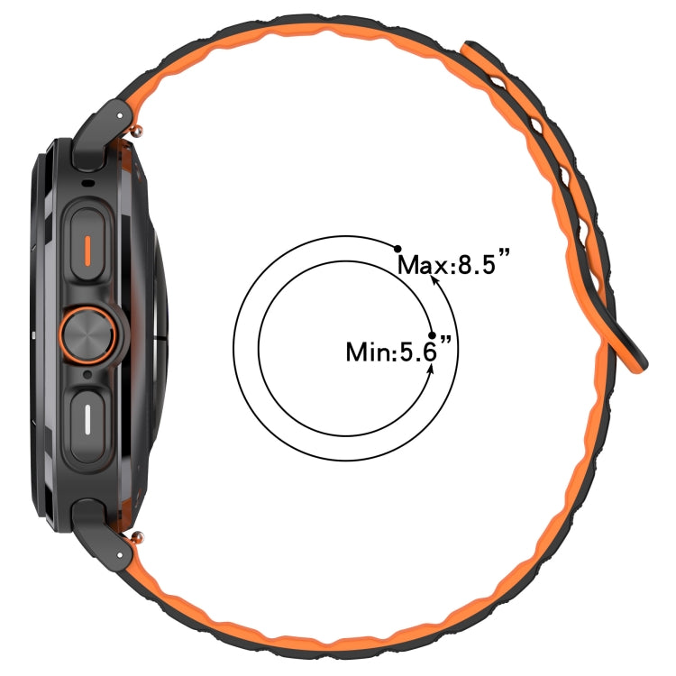 Orange and black silicone watch band shown with a wrist-fit range of 5.6 to 8.5 inches