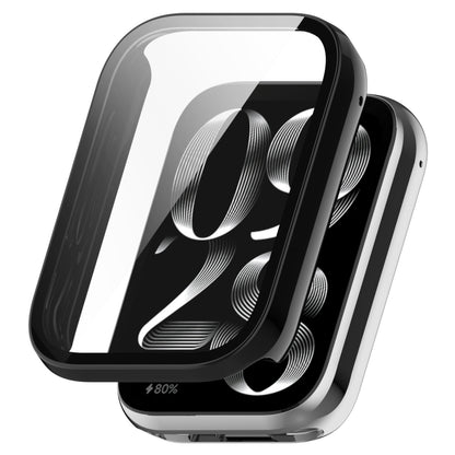 Black protective watch case with tempered glass screen cover, shown beside a Xiaomi Smart Band 9 Pro