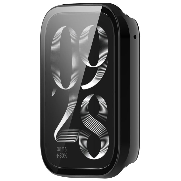 Black protective case fitted around a Xiaomi Smart Band 9 Pro, front view