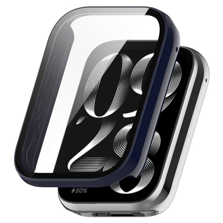Ink blue protective watch case with tempered glass screen cover, shown beside the band