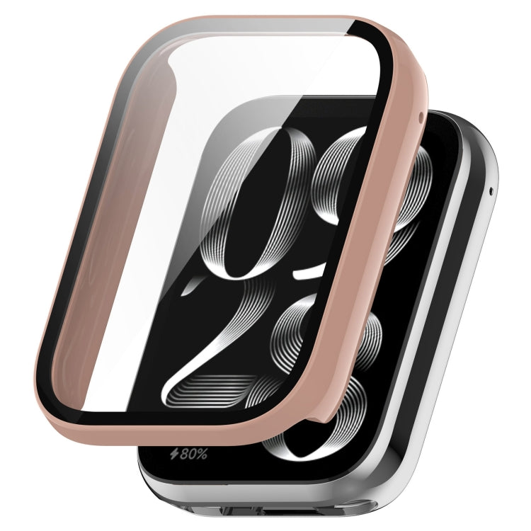 Tempered glass watch case with a rose gold frame, shown over a black smartwatch.