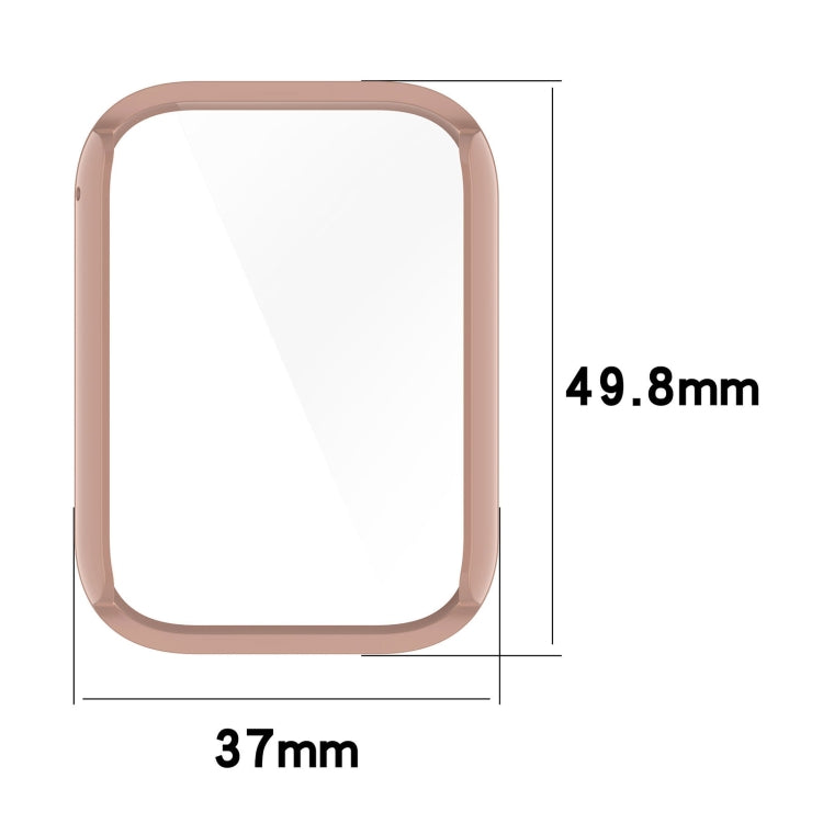 Rose gold smartwatch case with a clear screen protector; measures 37 by 49.8 mm.