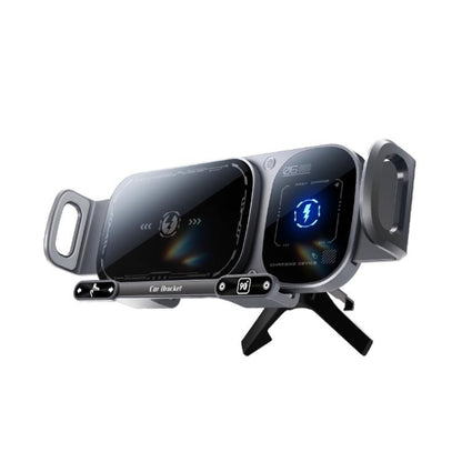 Grey car air vent wireless charger phone stand with dual rotating coils and side grips