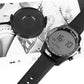 Magnetic charging puck and round smartwatch display with black leather-style strap