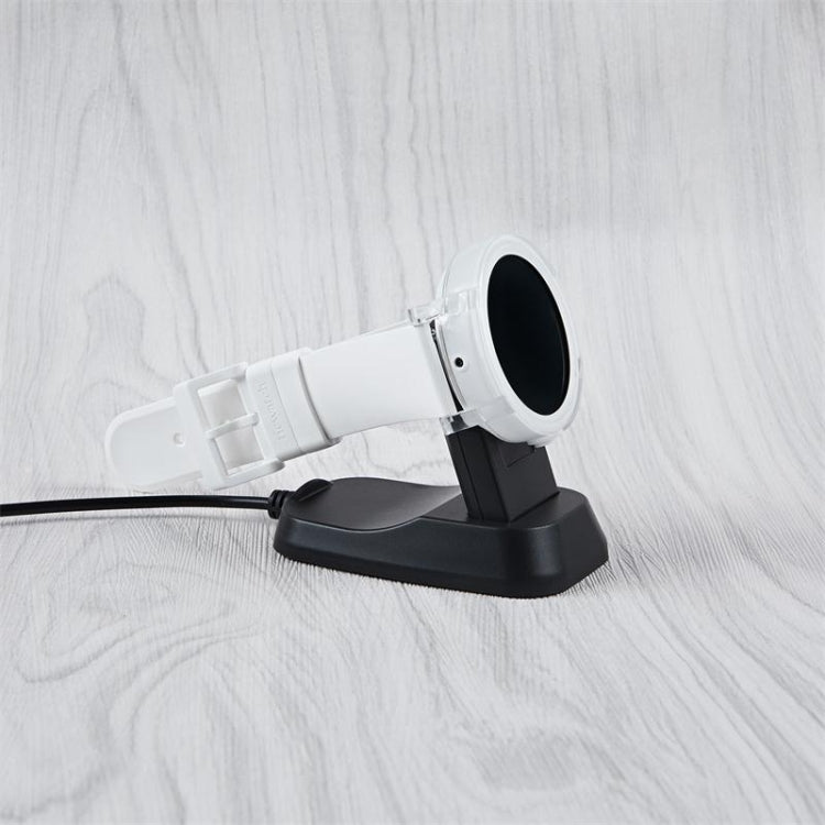 Black charging base with white watch holder and round charging opening
