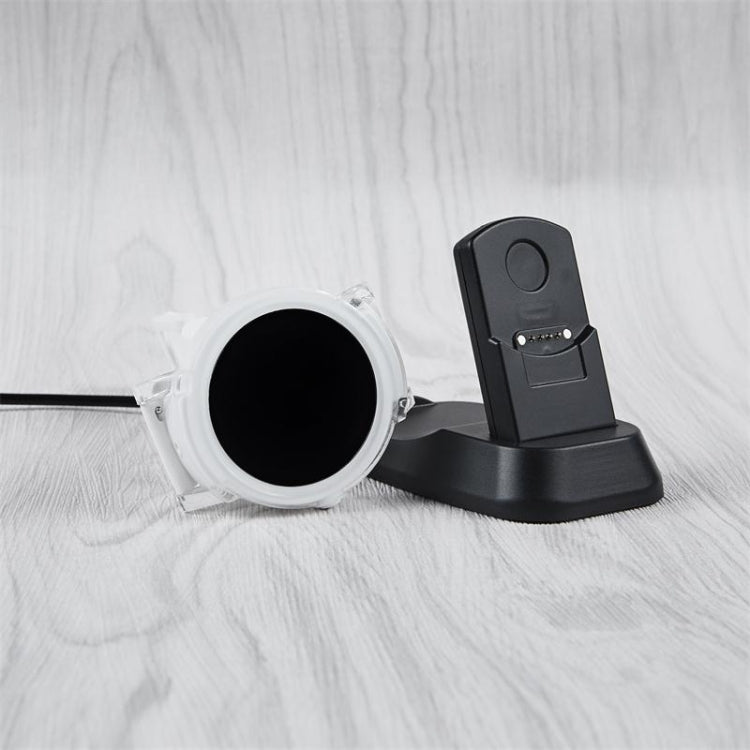 Magnetic smartwatch charging dock with white ring opening and black connector cradle