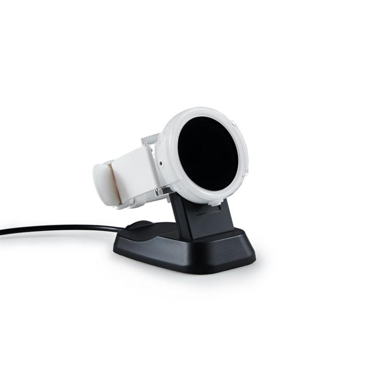 Magnetic smartwatch charging dock with black base and white watch holder