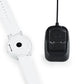 Magnetic charging dock with white watch holder and black charging base, close-up
