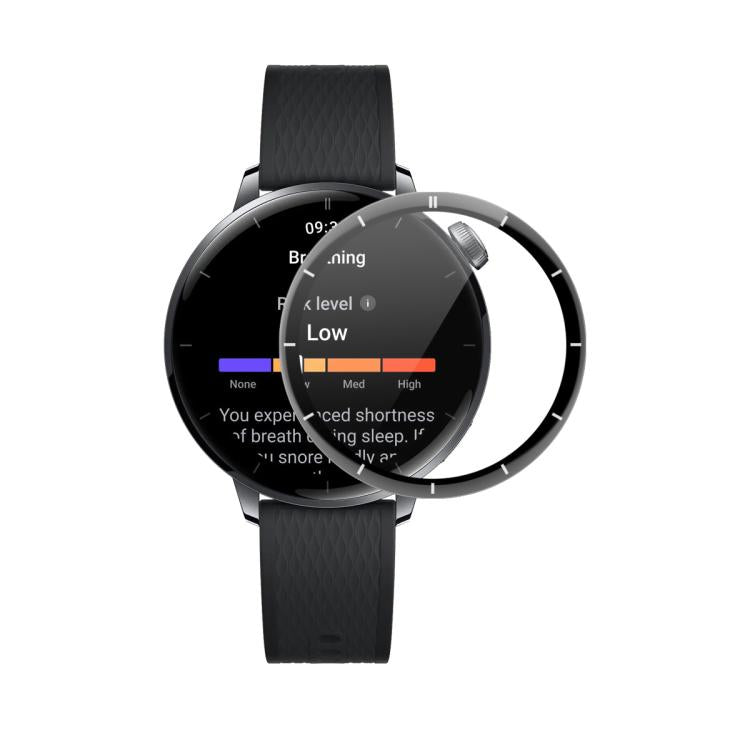 Circular watch screen protector shown beside a smartwatch with a black band