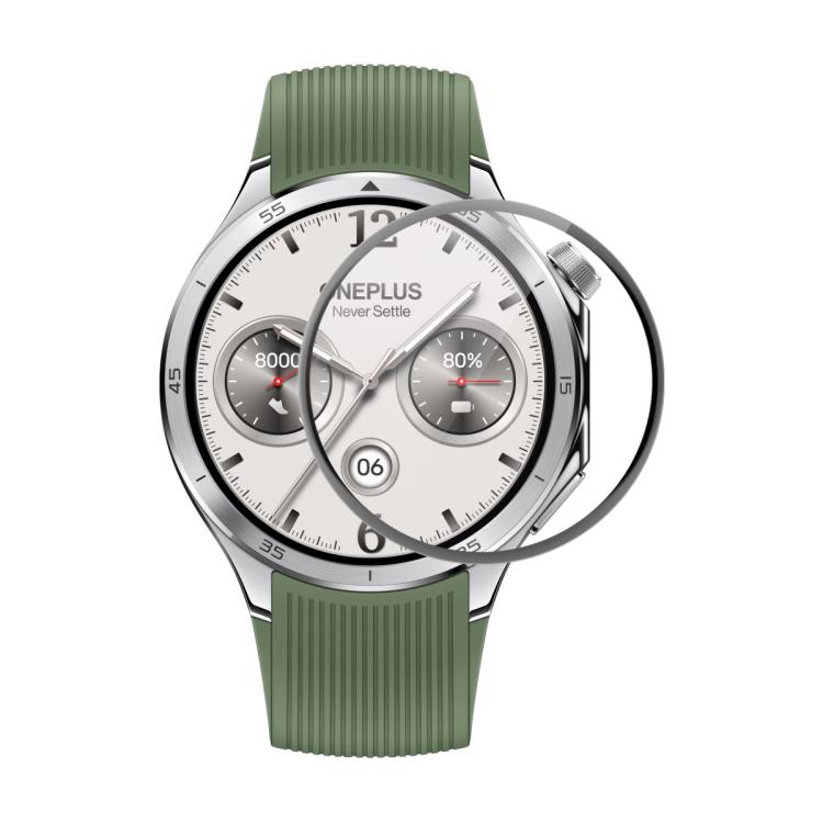 Circular watch screen protector shown over a smartwatch with a green band