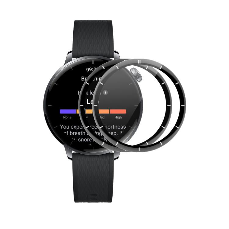 Three round watch screen protectors shown in layers over a black smartwatch.