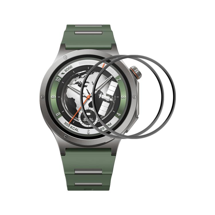 Three round screen protectors shown layered over a green-banded smartwatch.