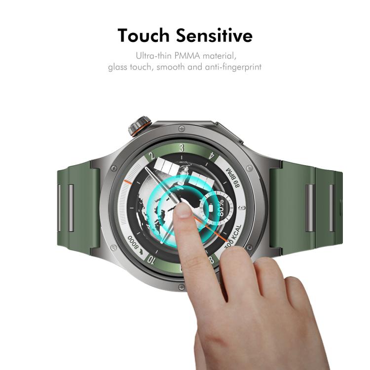 Watch screen protector shown on a smartwatch as a finger taps the display.