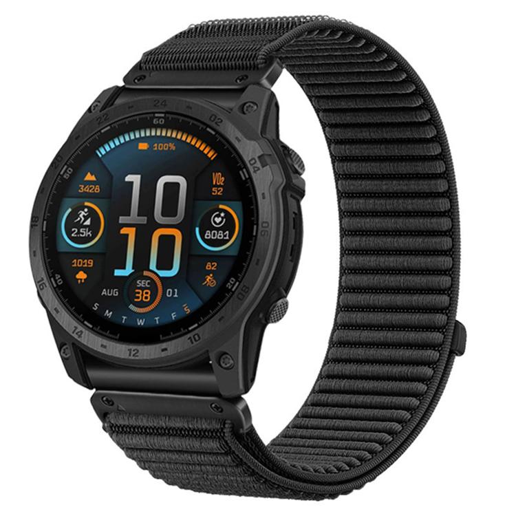 Black woven nylon hook-and-loop watch band fitted to a rugged smartwatch, shown with ribbed strap.