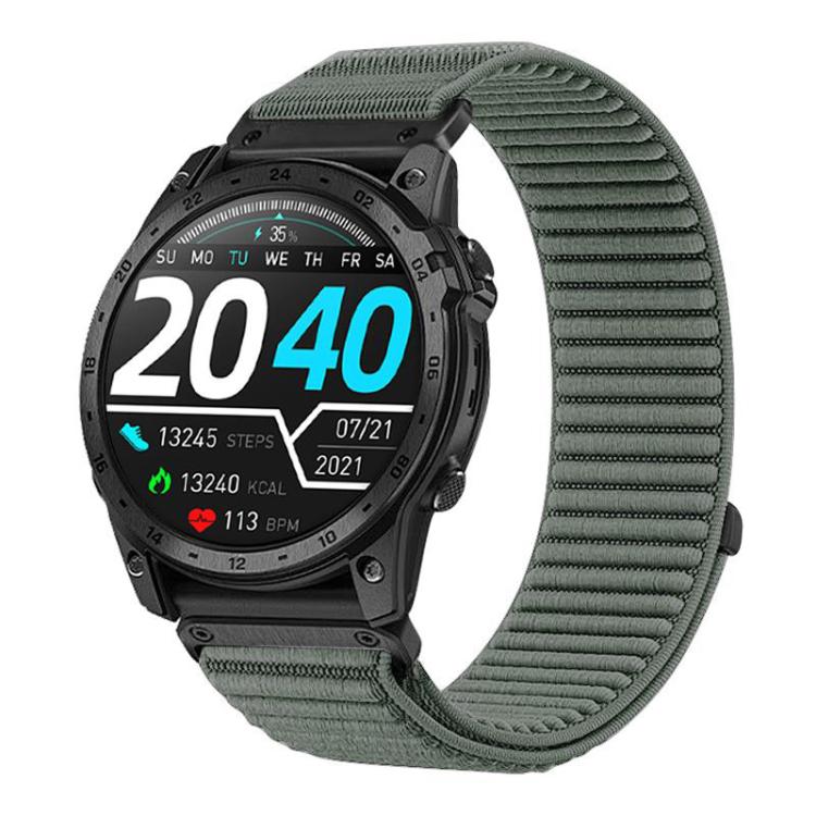 Garmin watch with a muted green woven nylon hook-and-loop band.