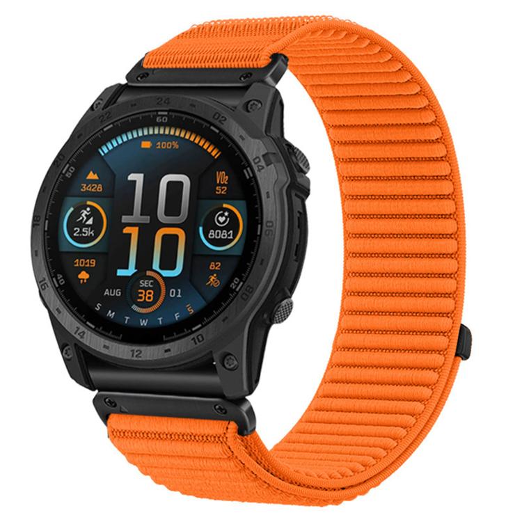 Orange woven nylon hook-and-loop watch band attached to a black Garmin watch