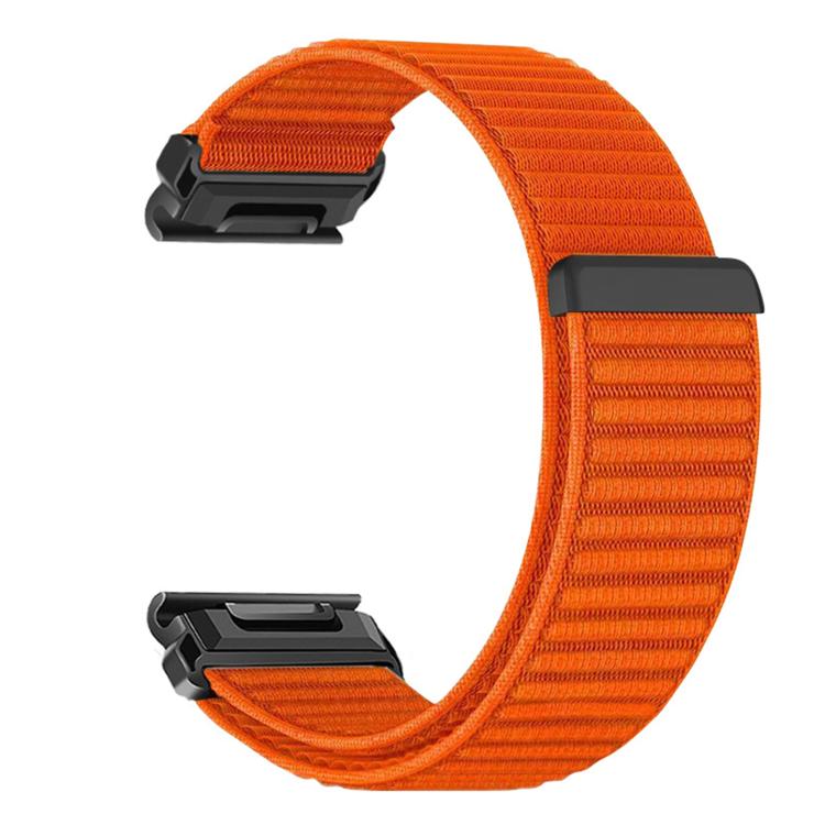 Orange woven nylon watch band with metal watch connectors and hook-and-loop closure