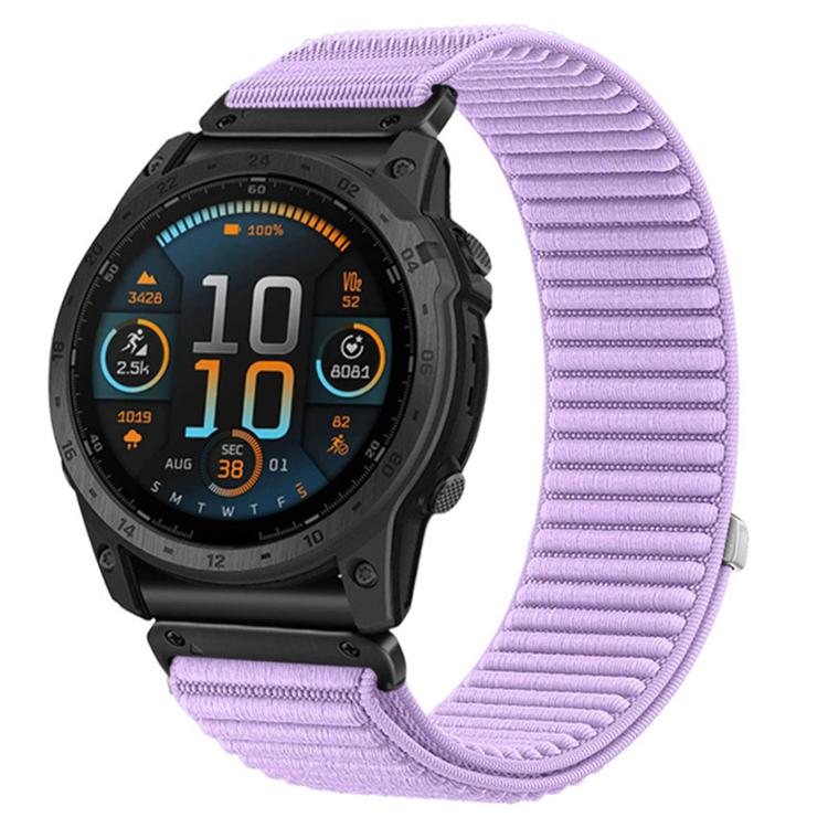 Purple woven nylon hook-and-loop watch band attached to a black Garmin watch