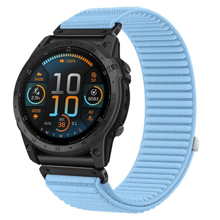 Light blue woven nylon hook-and-loop watch band attached to a black Garmin watch
