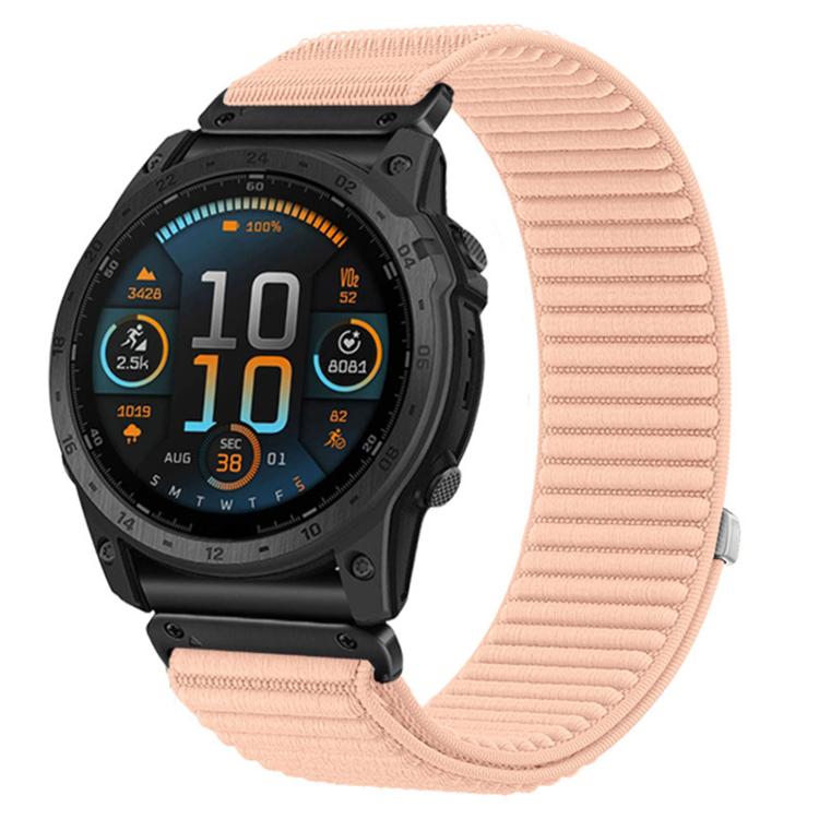 Pink woven nylon hook-and-loop watch band fitted to a rugged smartwatch.