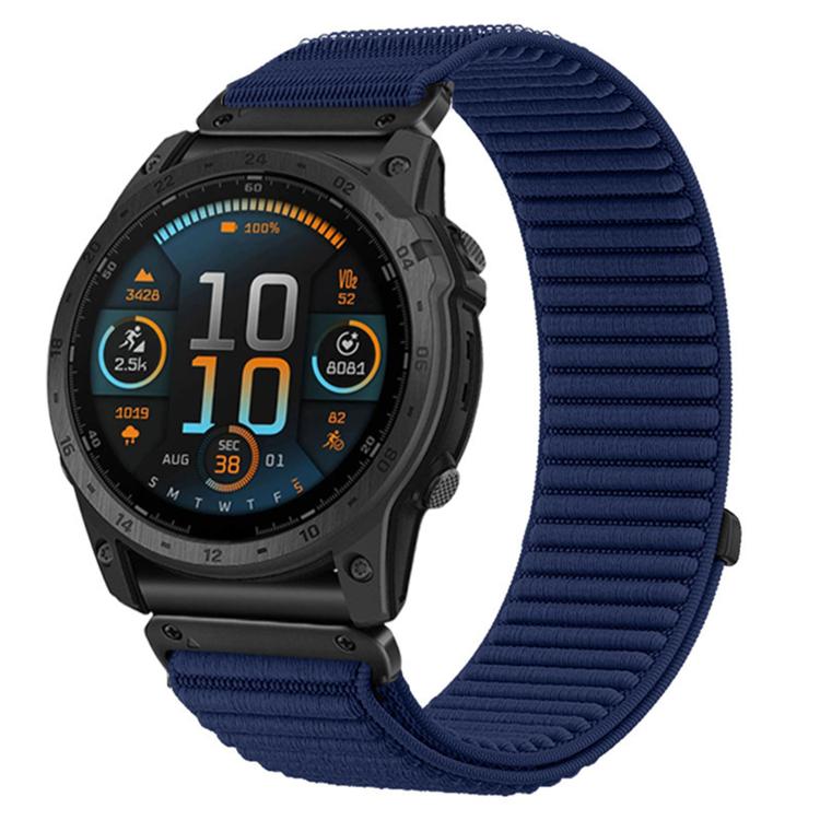Navy woven nylon hook-and-loop watch band attached to a black Garmin watch
