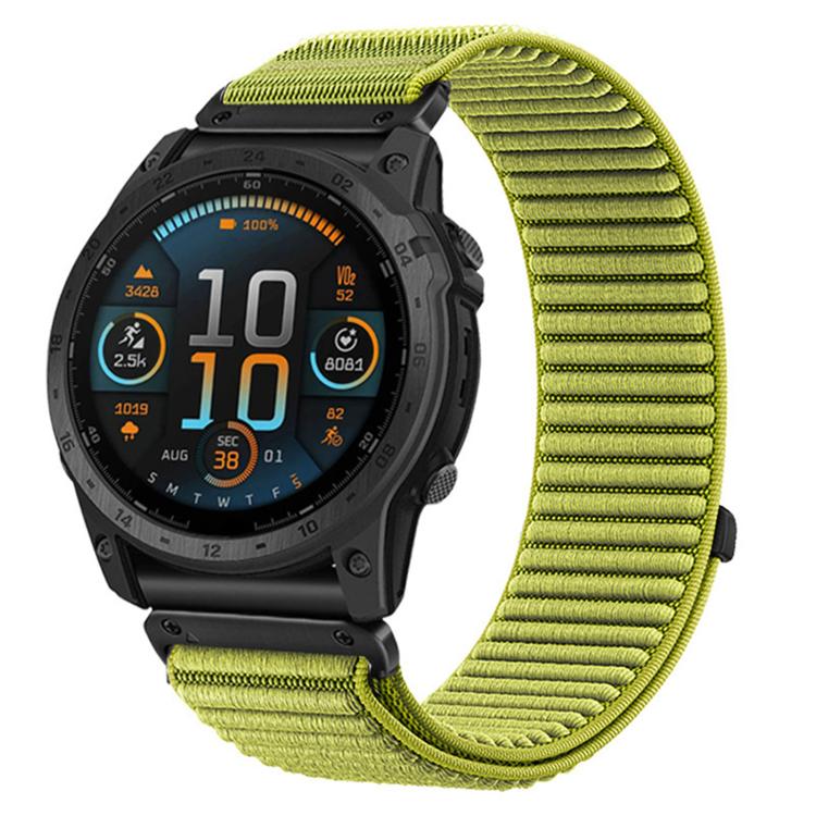 Bright green woven nylon hook-and-loop watch band fitted to a rugged smartwatch.