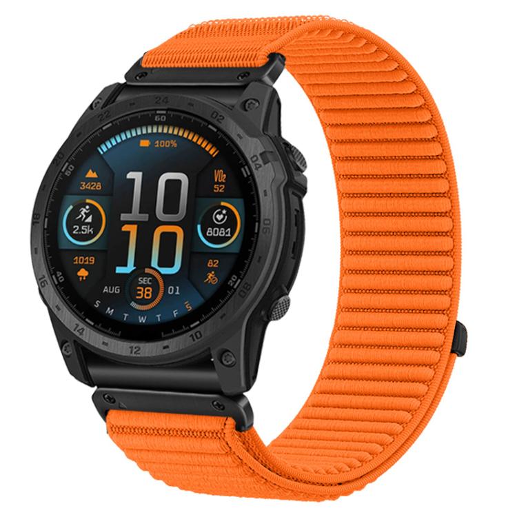 Garmin watch with an orange woven nylon hook-and-loop band and metal connectors.