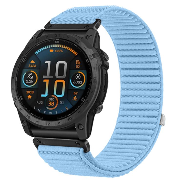 Light blue woven nylon hook-and-loop watch band attached to a black Garmin watch