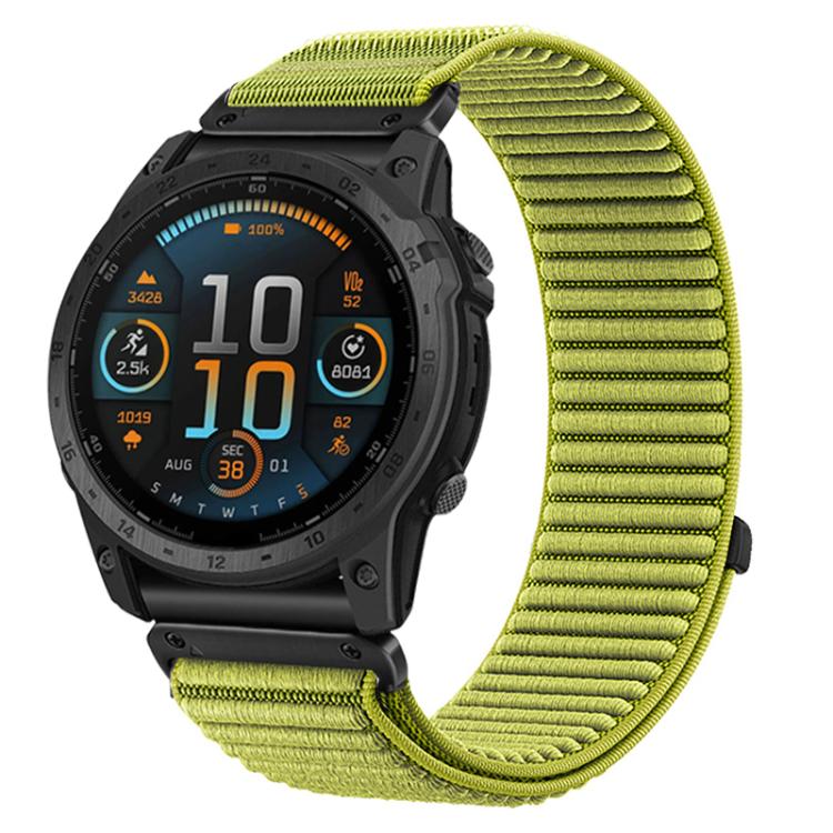 Woven nylon watch band in lime green with hook-and-loop closure, shown on a black smartwatch.