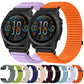 Woven nylon watch bands in lavender and orange with hook-and-loop closures; multiple colors shown.