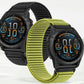 Woven nylon watch bands in black and lime green with hook-and-loop closures, shown on smartwatches.