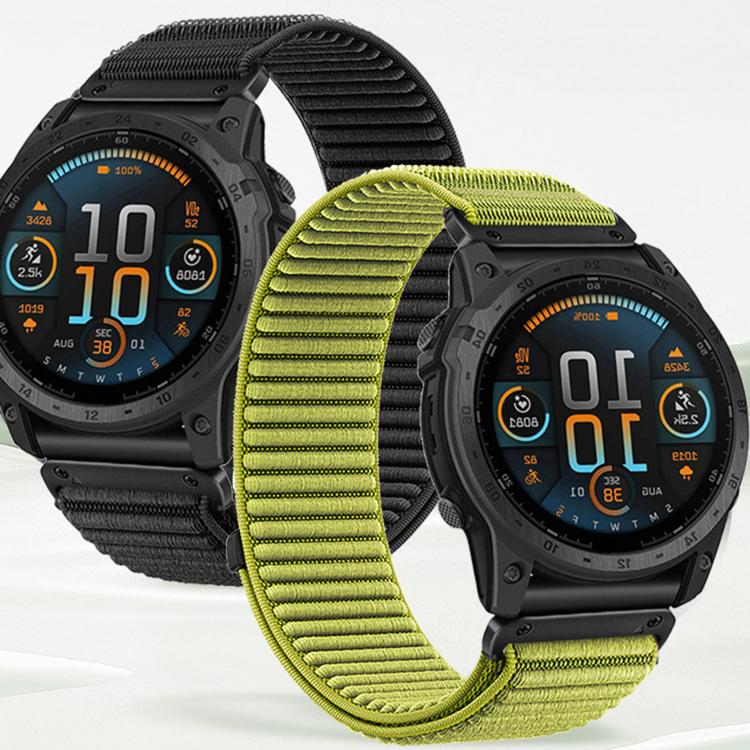 Woven nylon watch bands in black and lime green with hook-and-loop closures, shown on smartwatches.